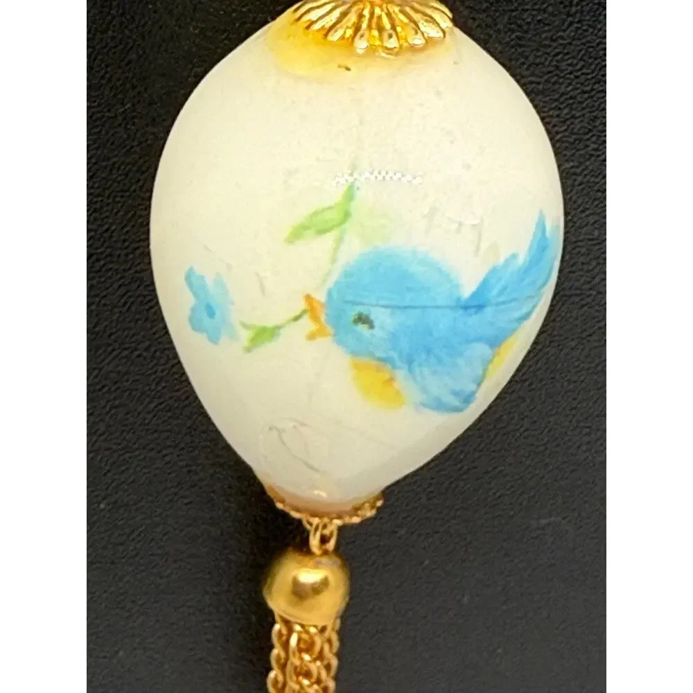 Vintage Victorian Revival Bluebird Faux Porcelain Egg Pendant 28” 80s